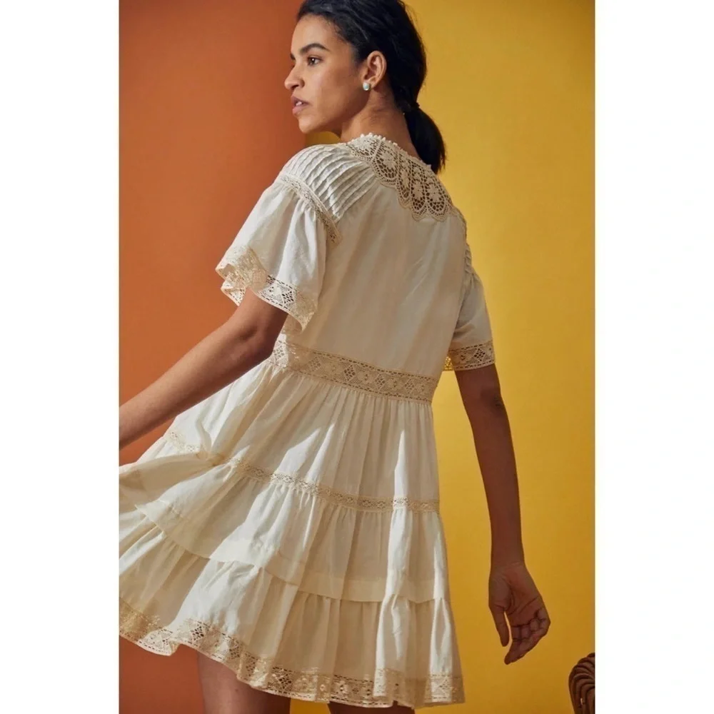 Hunter Bell Dress Newton Lace Pintucked Buttoned Tiered Mini Cream M NWT
